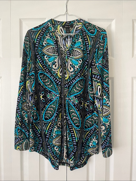 Style & Co. Tops - Style & Co. Teal Blue Black Printed V-Neck Tunic